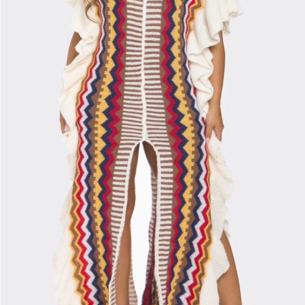 Striped Zigzag Knit Dress in Cream, Red & Navy Sweater Dress